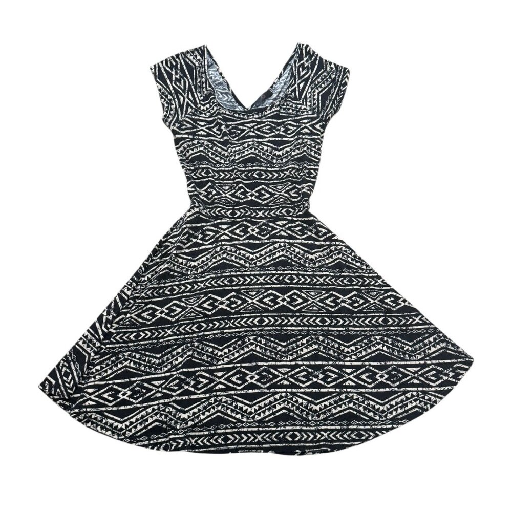 Women’s Q Black Cream Tribal Print Fit & Flare Dress Cotton Spandex Y2K